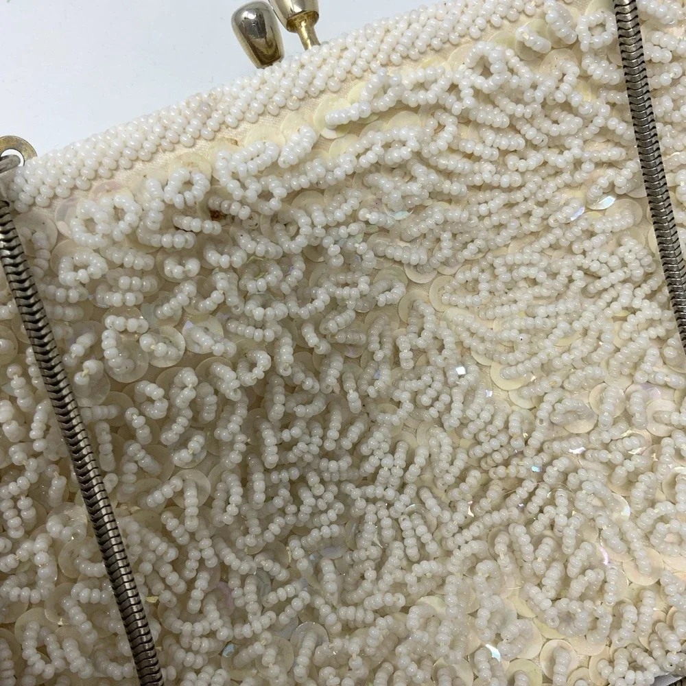 Vintage Beaded Evening Bag Ivory Sequin Gold Satin Interior Wedding Formal 1960s